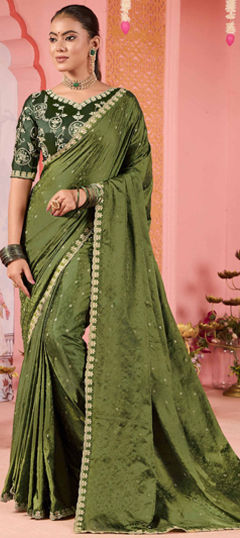 Green color Saree in Silk fabric with Border, Embroidered, Thread work