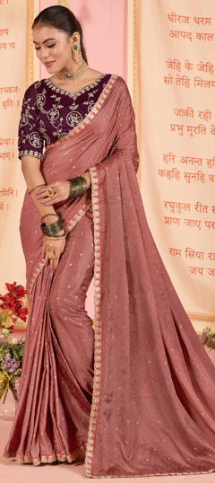 Beige and Brown color Saree in Silk fabric with Border, Embroidered, Thread work