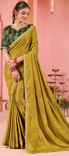 Green color Saree in Silk fabric with Border, Embroidered, Thread work