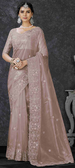 Beige and Brown color Saree in Tissue fabric with Embroidered, Sequence, Thread work