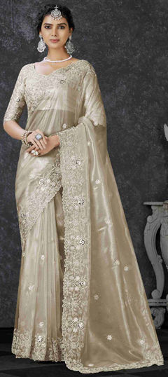 Beige and Brown color Saree in Tissue fabric with Embroidered, Sequence, Thread work