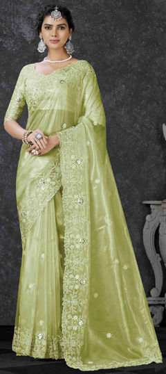 Green color Saree in Tissue fabric with Embroidered, Sequence, Thread work