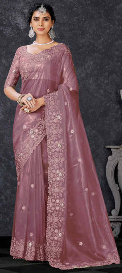 Pink and Majenta color Saree in Tissue fabric with Embroidered, Sequence, Thread work