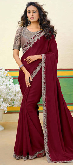 Red and Maroon color Saree in Shimmer fabric with Embroidered, Sequence, Thread work