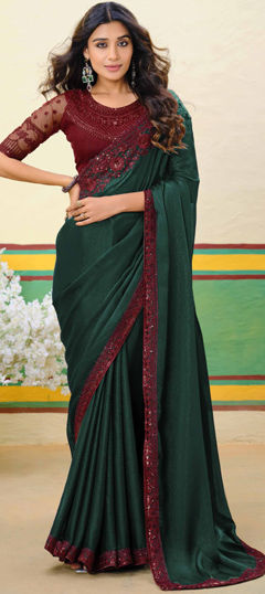 Green color Saree in Shimmer fabric with Embroidered, Sequence, Thread work