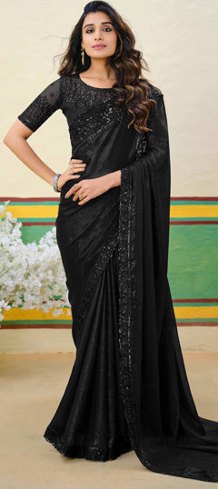 Black and Grey color Saree in Shimmer fabric with Embroidered, Sequence, Thread work