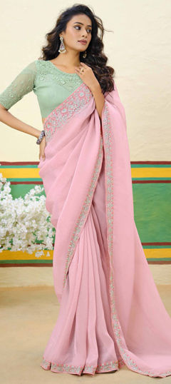 Pink and Majenta color Saree in Shimmer fabric with Embroidered, Sequence, Thread work