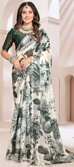 Green, White and Off White color Saree in Organza Silk fabric with Floral, Printed, Zircon work