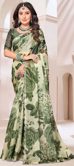 Green color Saree in Organza Silk fabric with Floral, Printed, Zircon work