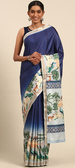 Blue color Saree in Cotton fabric with Printed, Weaving work