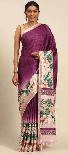 Purple and Violet color Saree in Cotton fabric with Printed, Weaving work