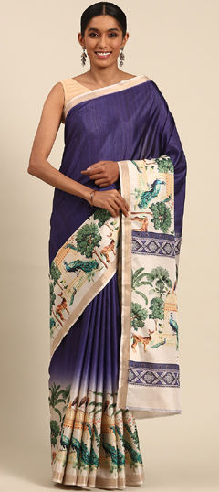 Blue color Saree in Cotton fabric with Printed, Weaving work