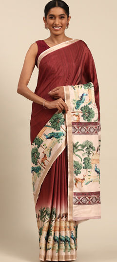 Red and Maroon color Saree in Cotton fabric with Printed, Weaving work