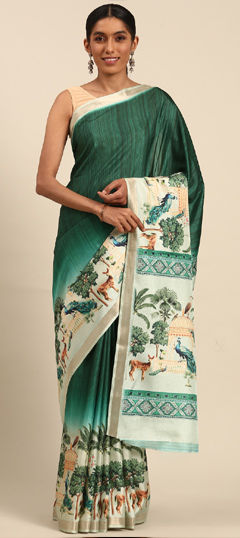 Green color Saree in Cotton fabric with Printed, Weaving work