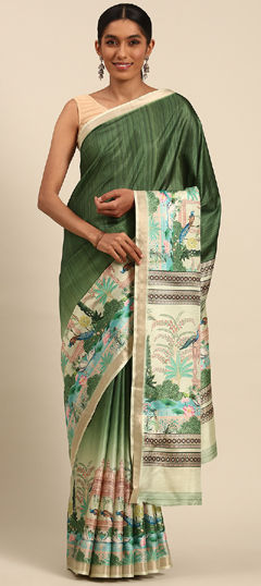 Green color Saree in Cotton fabric with Floral, Printed, Weaving work