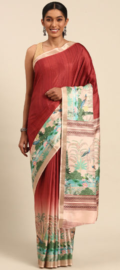 Red and Maroon color Saree in Cotton fabric with Floral, Printed, Weaving work