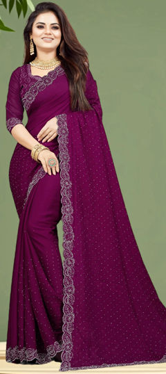 Purple and Violet color Saree in Chiffon fabric with Stone work