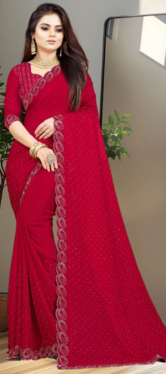 Red and Maroon color Saree in Chiffon fabric with Stone work