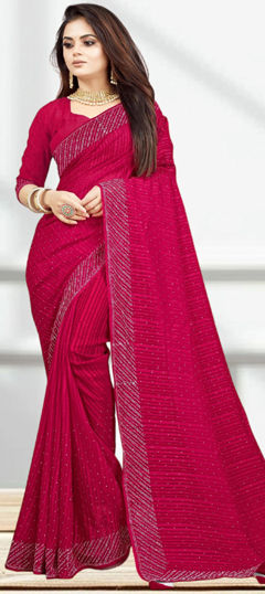 Pink and Majenta color Saree in Georgette fabric with Stone work