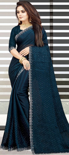 Blue color Saree in Shimmer fabric with Stone work