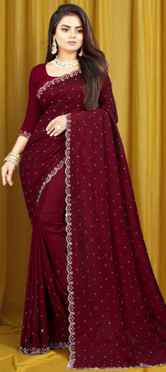 Red and Maroon color Saree in Silk fabric with Stone work