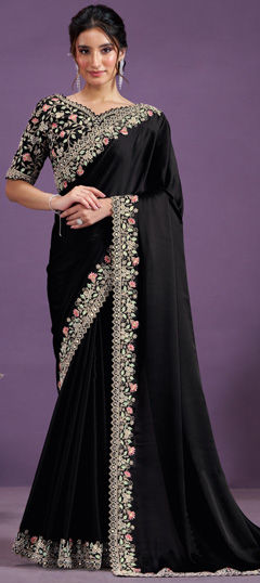 Black and Grey color Saree in Satin Silk fabric with Mirror, Moti work