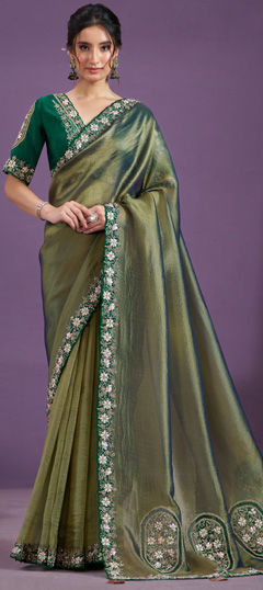 Green color Saree in Tissue fabric with Patch, Sequence work