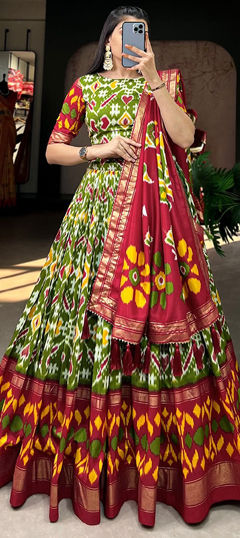 Green color Lehenga in Tussar Silk fabric with Printed work