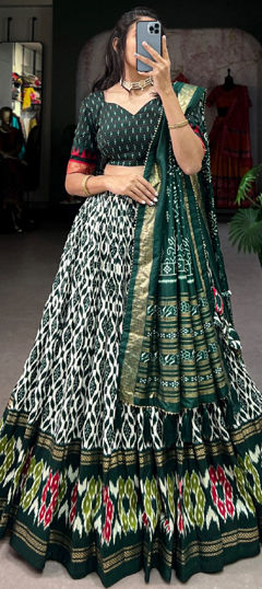 Green color Lehenga in Tussar Silk fabric with Printed work