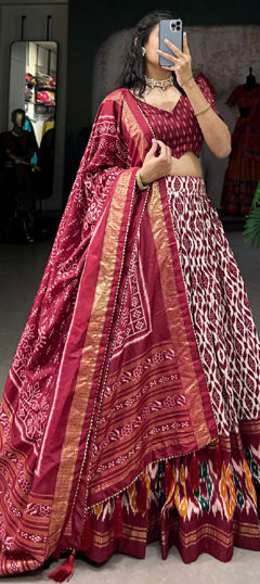 Red and Maroon color Lehenga in Tussar Silk fabric with Printed work