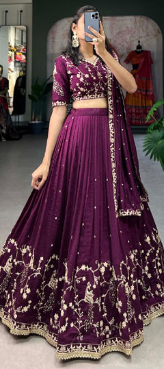 Red and Maroon color Lehenga in Silk fabric with Embroidered, Sequence, Thread work