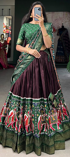 Green color Lehenga in Silk fabric with Printed work