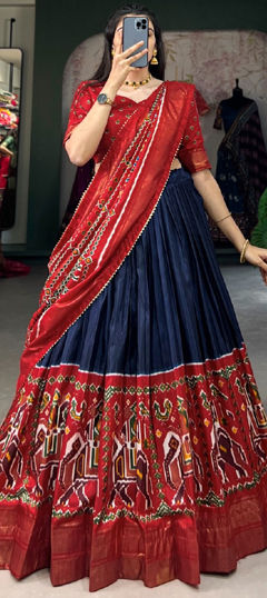 Red and Maroon color Lehenga in Silk fabric with Printed work