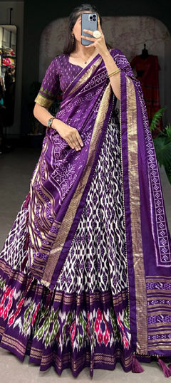 Purple and Violet color Lehenga in Tussar Silk fabric with Printed work