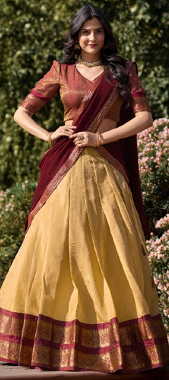 Beige and Brown color Lehenga in Kanjeevaram Silk fabric with Weaving, Zari work