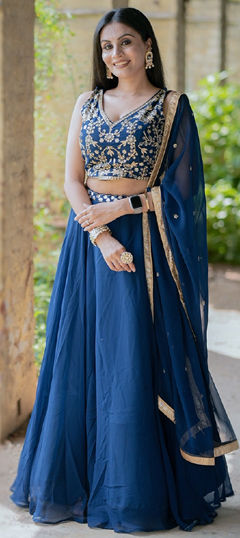 Blue color Lehenga in Georgette fabric with Embroidered, Sequence, Thread work