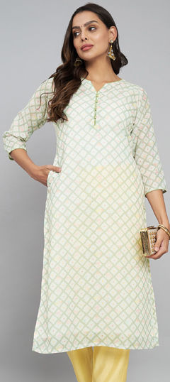 Green color Kurti in Linen fabric with Printed work