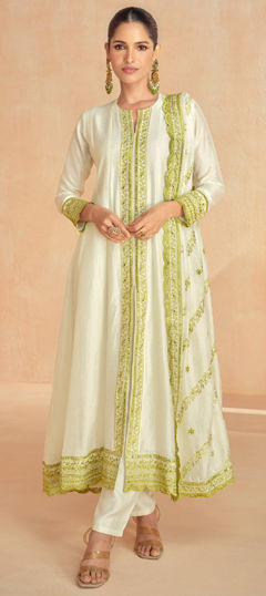 White and Off White color Salwar Kameez in Silk fabric with Embroidered, Resham, Thread work