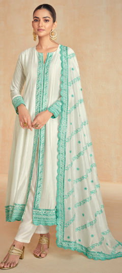 White and Off White color Salwar Kameez in Silk fabric with Embroidered, Resham, Thread work