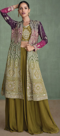 Green color Salwar Kameez in Georgette fabric with Embroidered, Mirror, Thread work