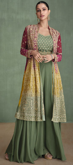 Green color Salwar Kameez in Georgette fabric with Embroidered, Mirror, Thread work