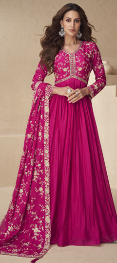 Pink and Majenta color Gown in Silk fabric with Embroidered, Sequence, Thread work