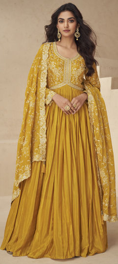 Yellow color Gown in Silk fabric with Embroidered, Sequence, Thread work