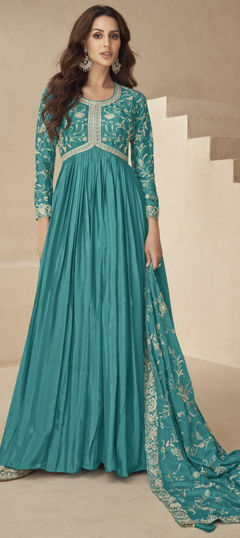 Blue color Gown in Silk fabric with Embroidered, Sequence, Thread work