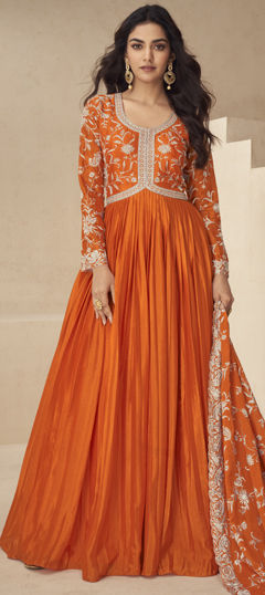 Orange color Gown in Silk fabric with Embroidered, Sequence, Thread work
