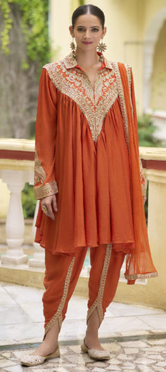 Beige and Brown color Salwar Kameez in Silk fabric with Embroidered, Mirror, Sequence, Thread work