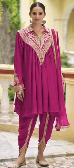 Pink and Majenta color Salwar Kameez in Silk fabric with Embroidered, Mirror, Sequence, Thread work