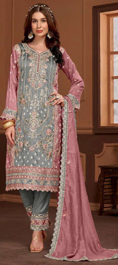 Black and Grey, Pink and Majenta color Salwar Kameez in Art Silk fabric with Embroidered, Mirror, Sequence, Stone, Thread work