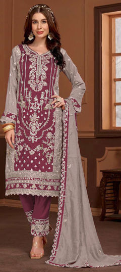 Beige and Brown, Red and Maroon color Salwar Kameez in Art Silk fabric with Embroidered, Mirror, Sequence, Stone, Thread work