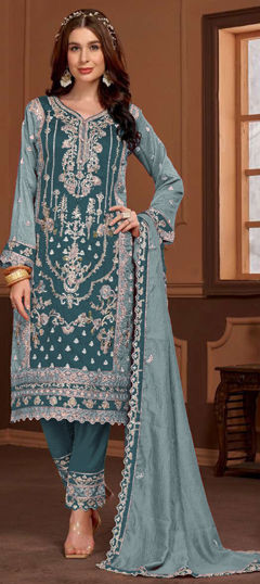 Blue color Salwar Kameez in Art Silk fabric with Embroidered, Mirror, Sequence, Stone, Thread work